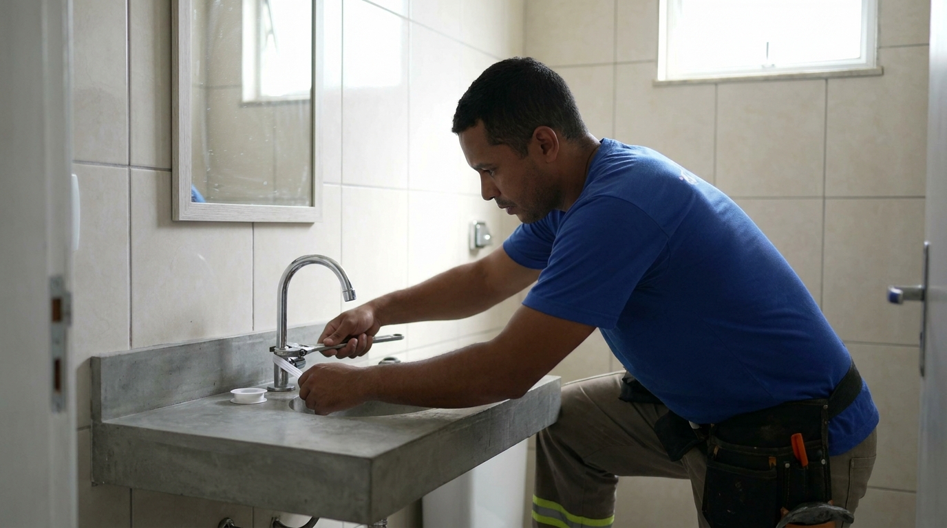 Encanador instalando torneira em Lajeado‑RS