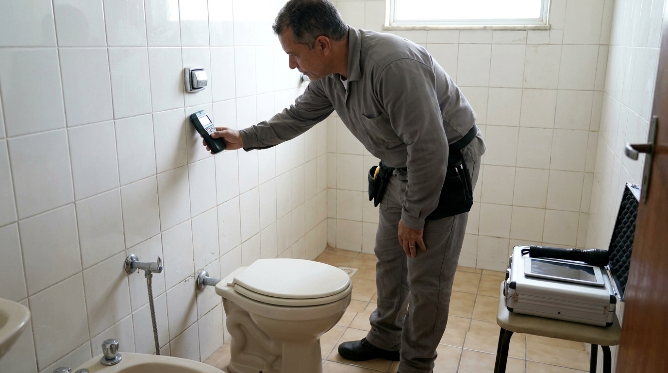 Técnico de caça vazamento analisando tubulação em Lajeado‑RS