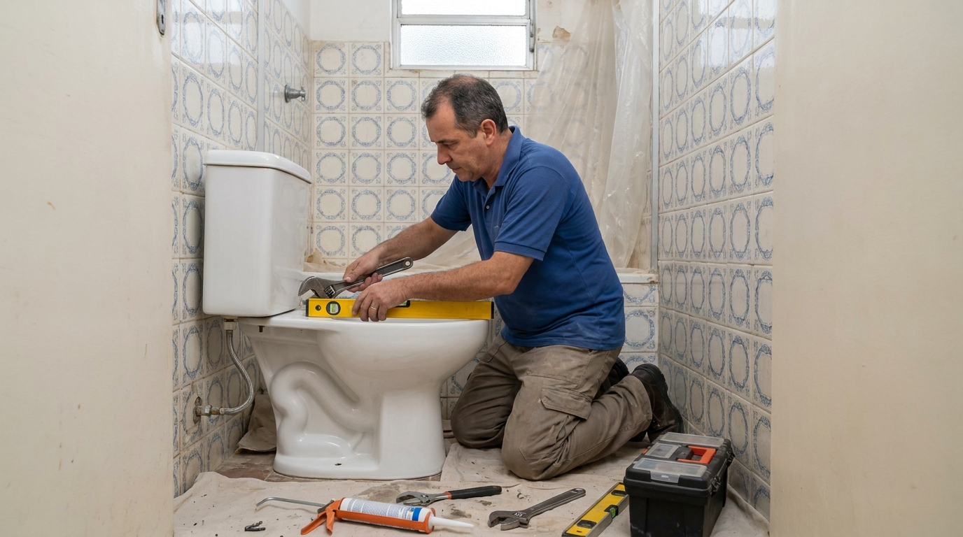 Técnico instalando vaso sanitário em Lajeado‑RS